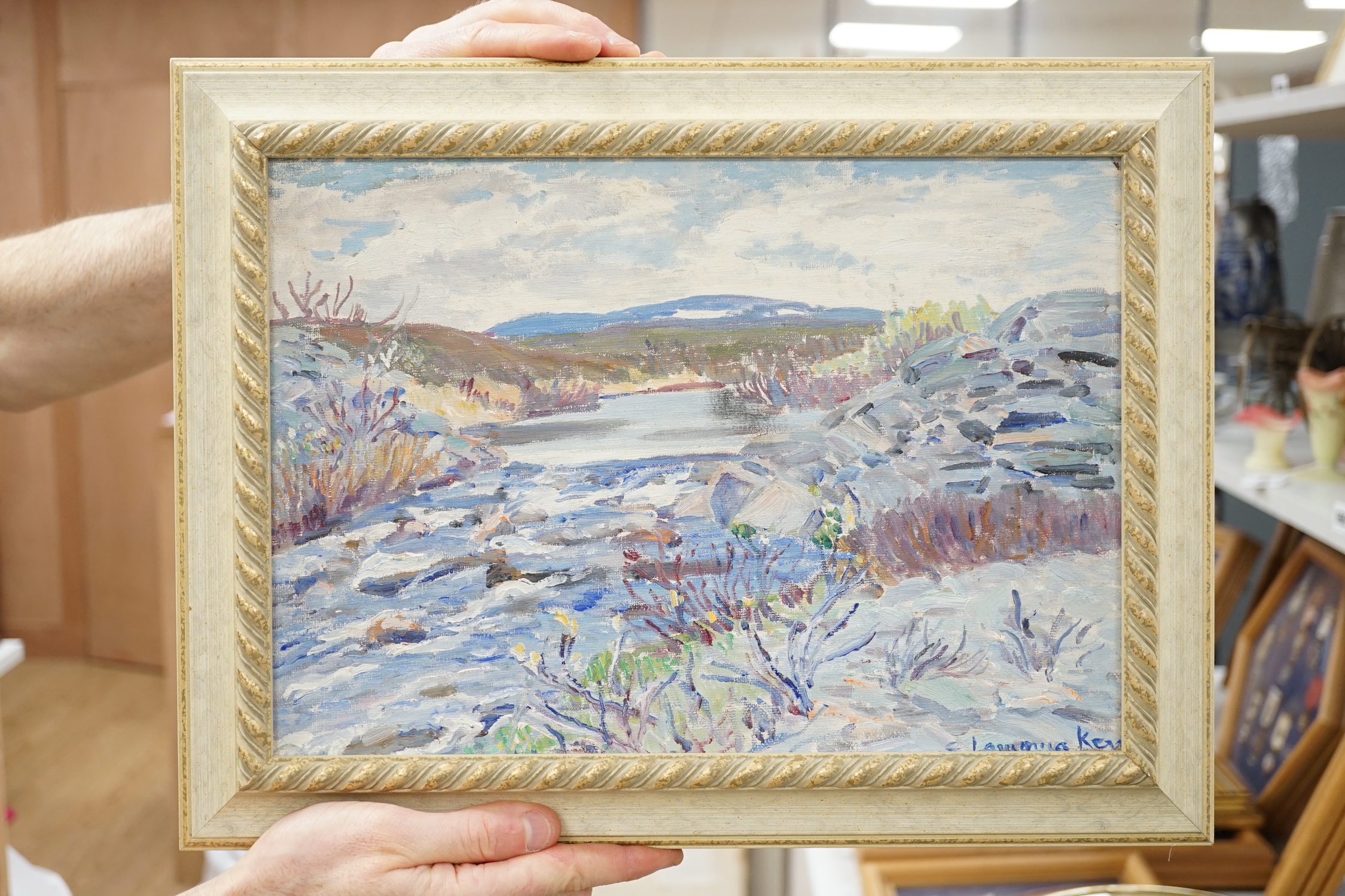 Elizabeth Lamorna Kerr (1905-1990), oil on board, River landscape, signed, 23.5 x 33.5cm